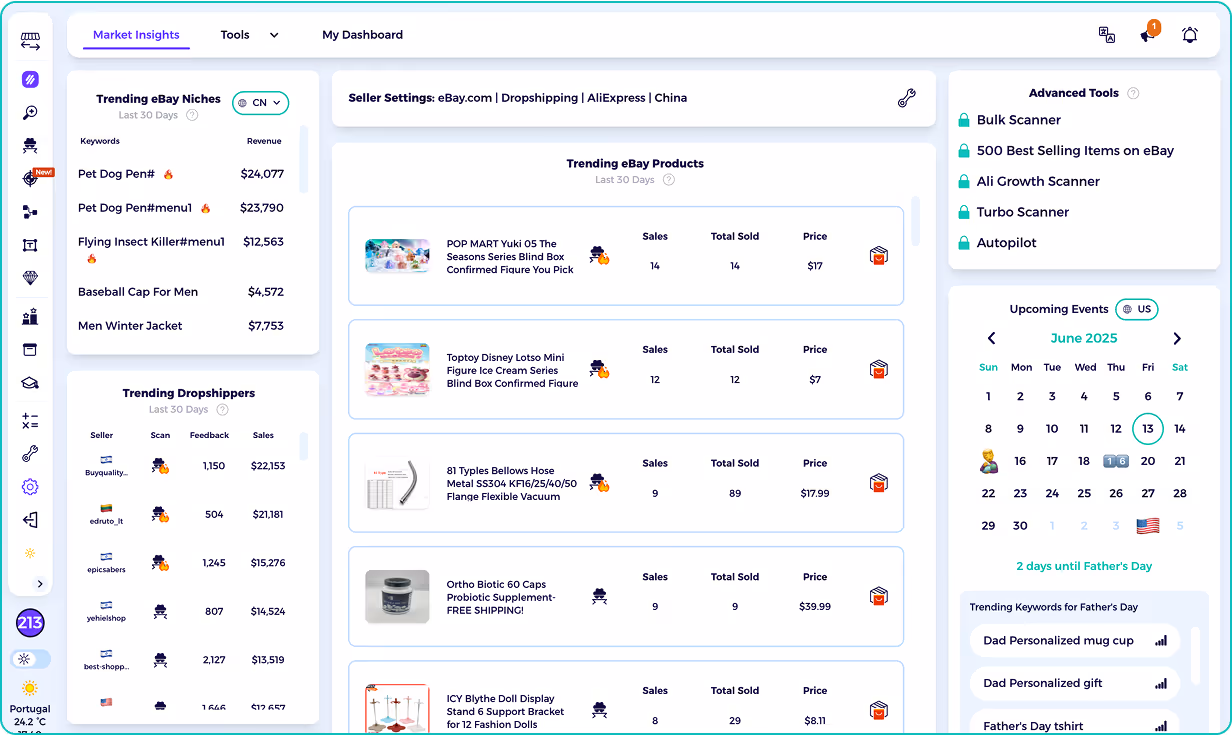 Get eBay market insights with best selling items, dropshippers, and trends