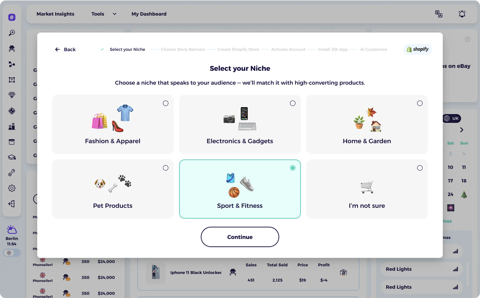 Niche selection screen in ZIK Shopify AI store builder