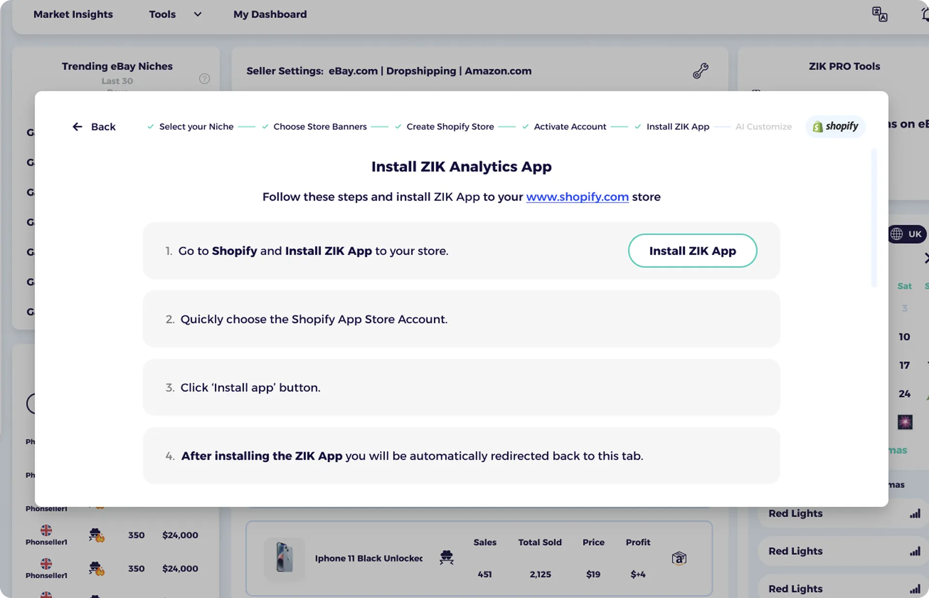 Install ZIK Analytics app inside the Shopify AI store builder