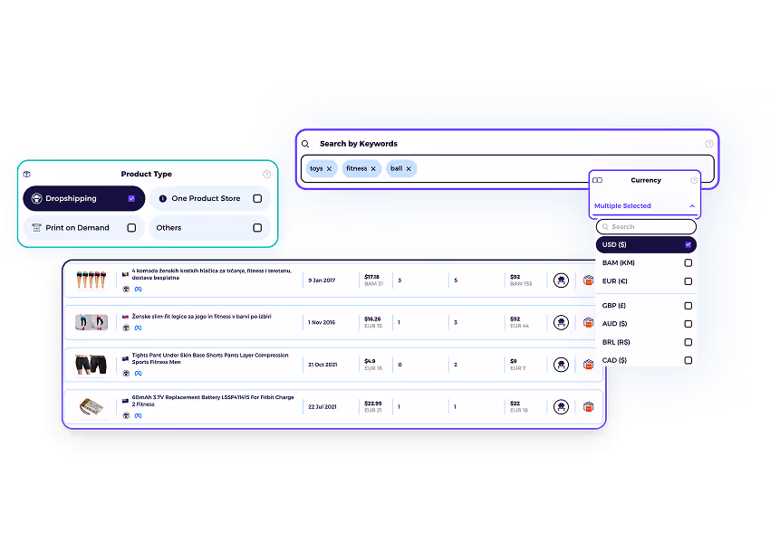 Shopify product explorer showing aggregated sales data and best-selling products across thousands of stores
