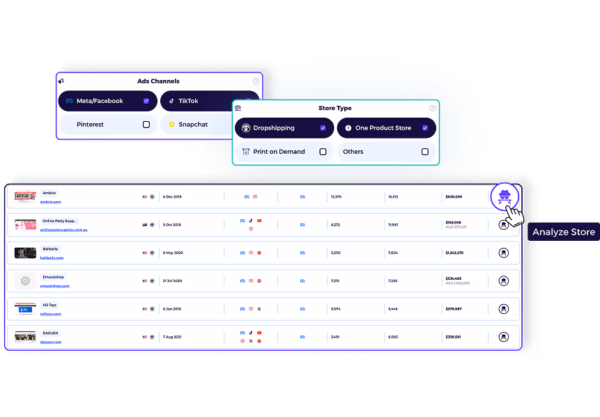 Shopify store spy results filtered by niche, revenue, and countr