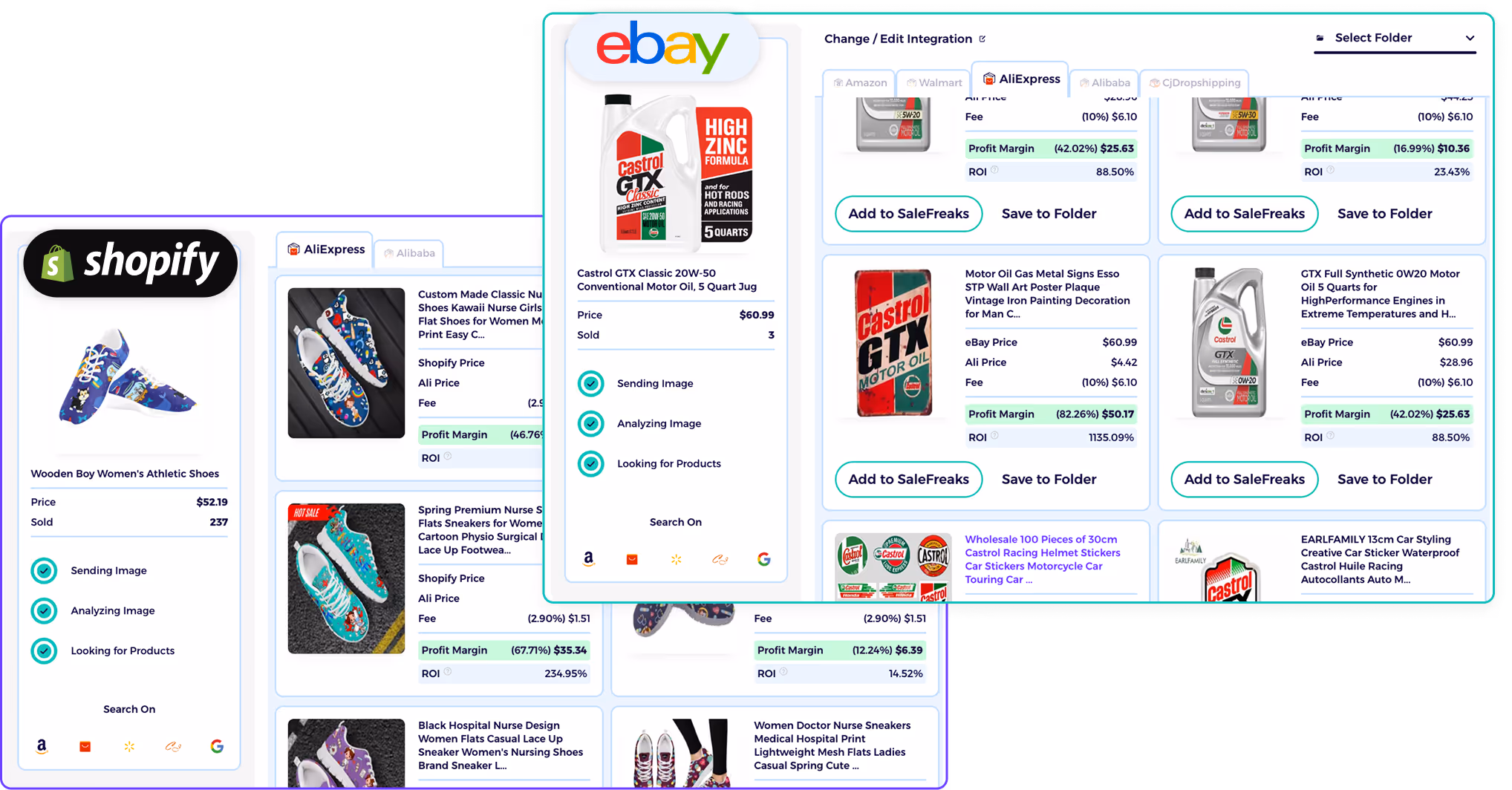 Automated supplier matching results showing AliExpress, Alibaba, Walmart, Amazon, and CJ Dropshipping options with profit margins