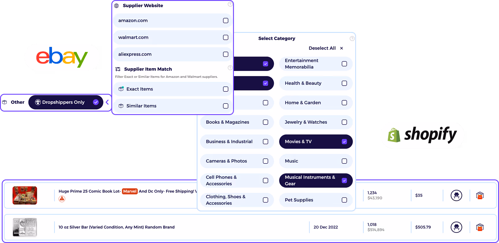 Dropshipping product finder filtering trending niches