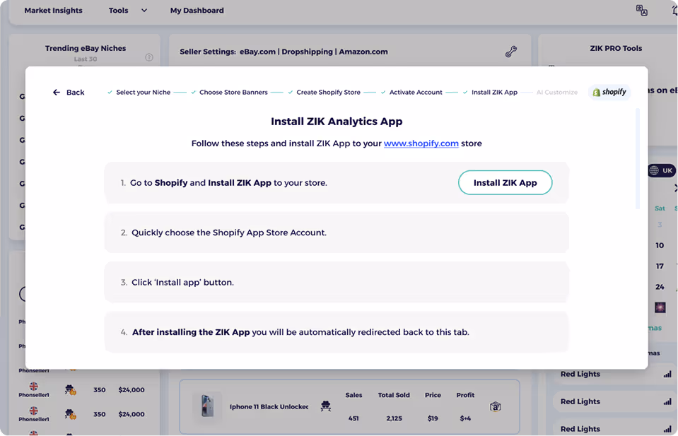 step 3 shopify website builder connect zik analytics